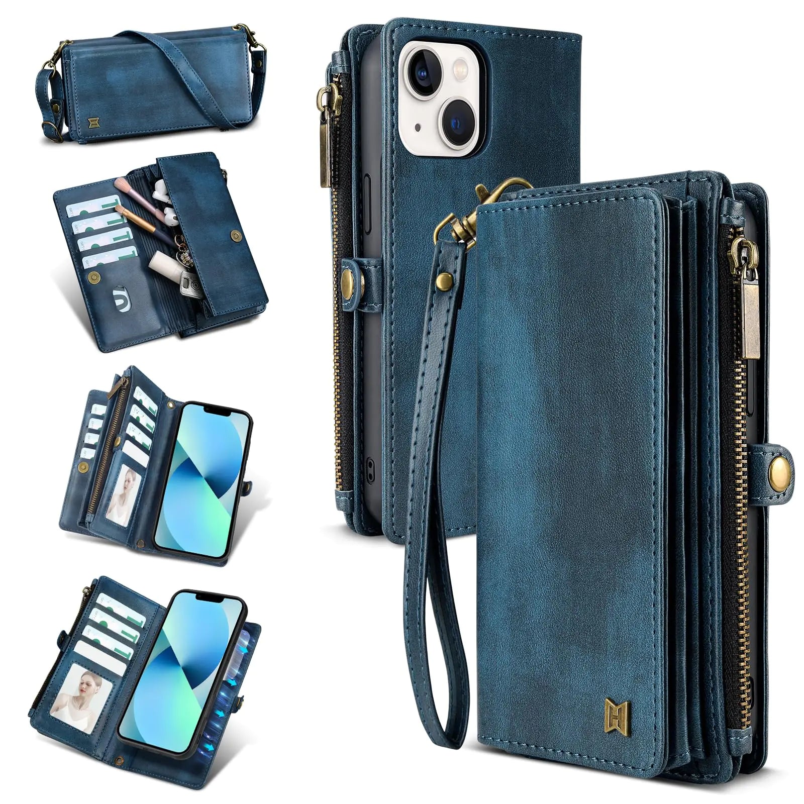 Funda Cartera para iPhone 13 (Guarda Labial, Auriculares, etc.), Estuche Portátil Multifuncional 2-en-1 de Cuero Sintético Magnético con Bloqueo RFID, Correa de Hombro y de Muñeca (Azul)